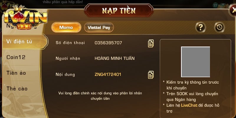 cách nạp tiền IWIN bằng SMS